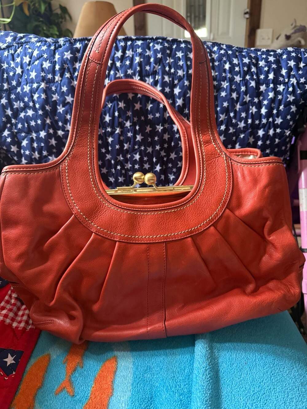 Coach Ergo Pleated Framed Satchel Burnt Orange Leather